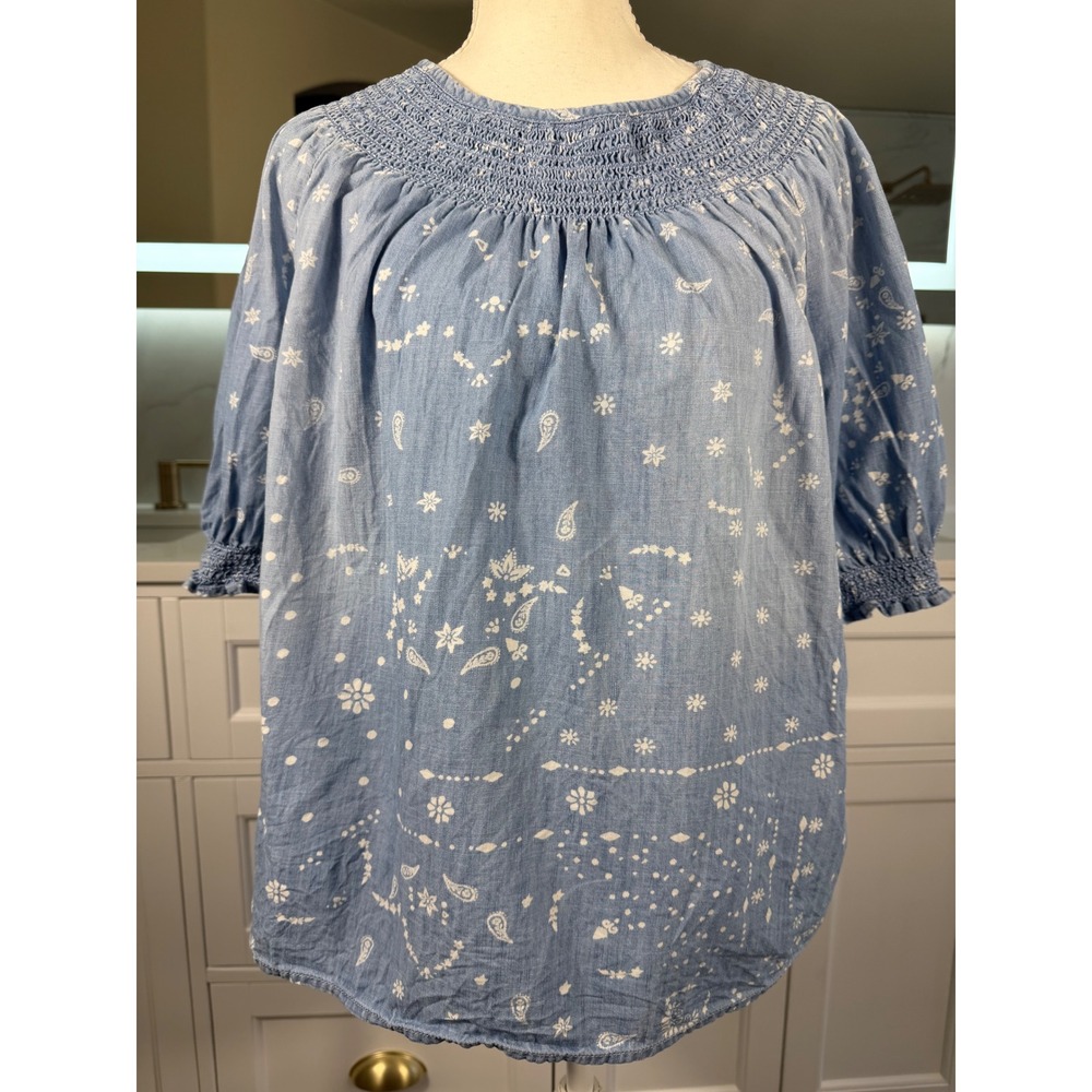 Sonoma Peasant Blouse Womens XL Blue Paisley Smocked Cotton Top - Picture 3 of 12